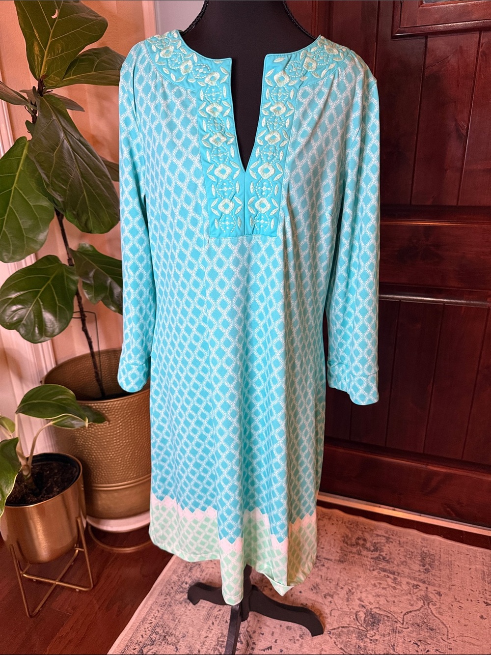 Cabana Life Coastal Cottage, Embroidered Tunic Dress, UPF 50+ Size L
